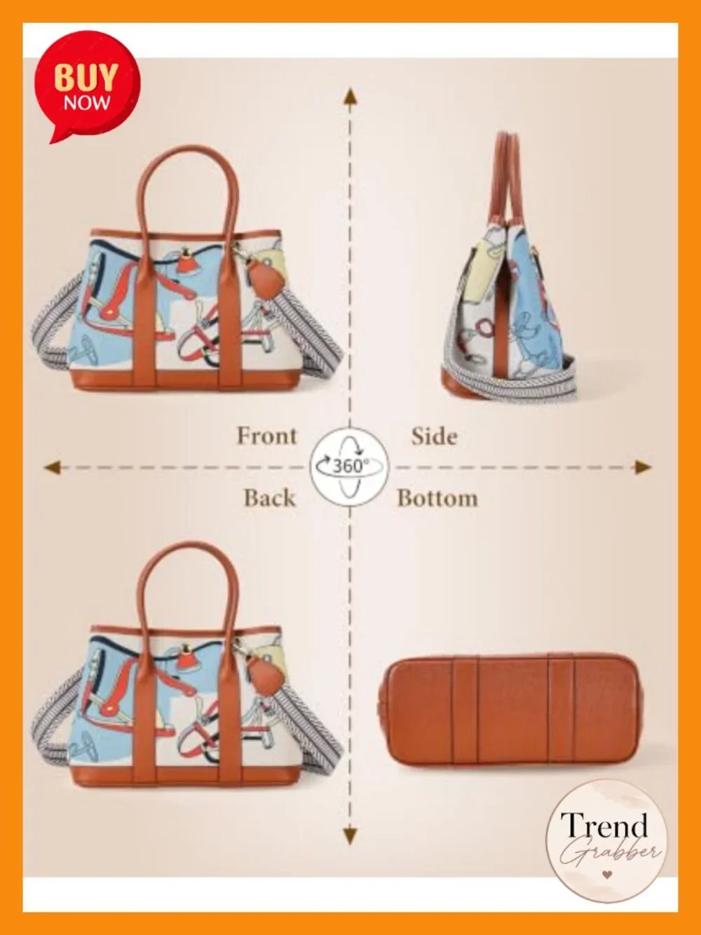 Bohemian Tapestry Print Satchel Tote with Faux Leather Trim & Detachable Strap